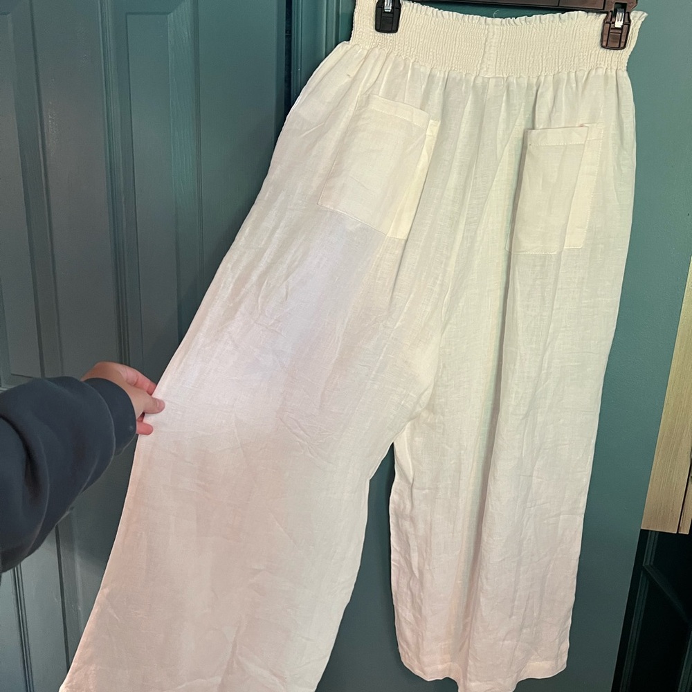 White Smocked Waist Linen Pants - Picture 2 of 5
